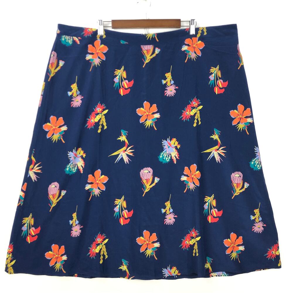 Madewell Womens Silk Atrium Midi Skirt 24 Navy Blue Bird of Paradise Floral